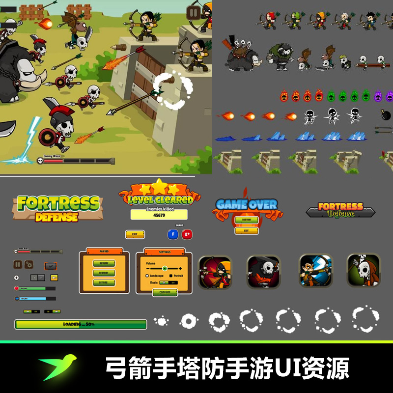 堡垒防御2D游戏UI素材资源包休闲卡通塔防手游美术关卡地图背景