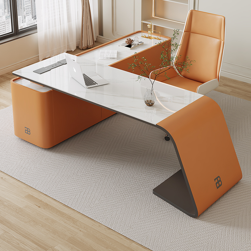 意式极简岩板书桌书房现代简约家用L型电脑桌书柜一体轻奢办公桌