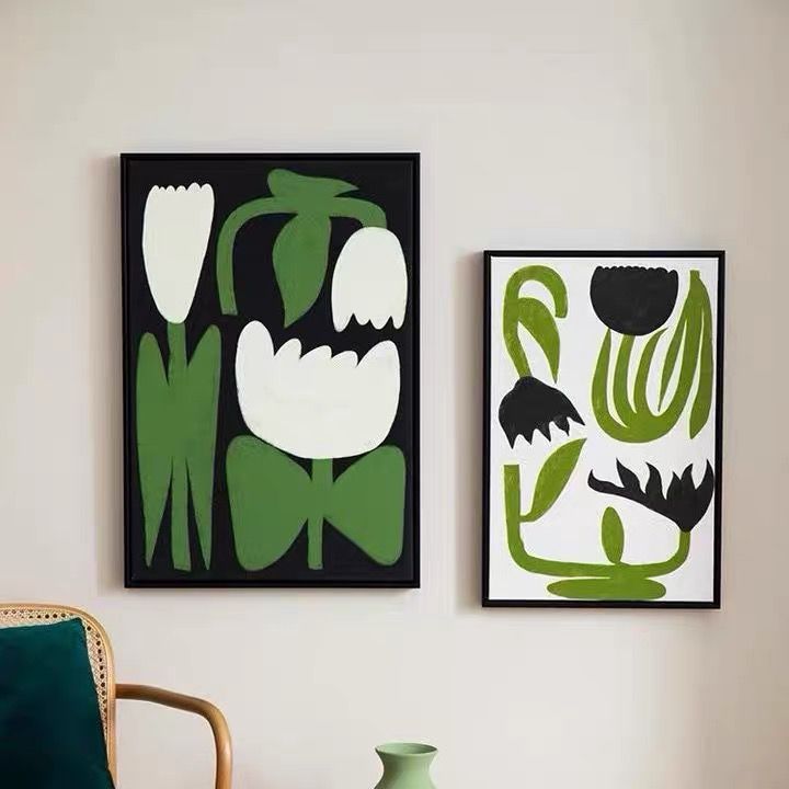 黑白灰客厅装饰画小清新ins风花卉植物抽象卧室摆件现代简约挂画