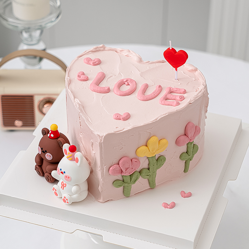 情人节唯美爱心蛋糕装饰可爱卡通小熊小兔子摆件红色爱心蜡烛插件