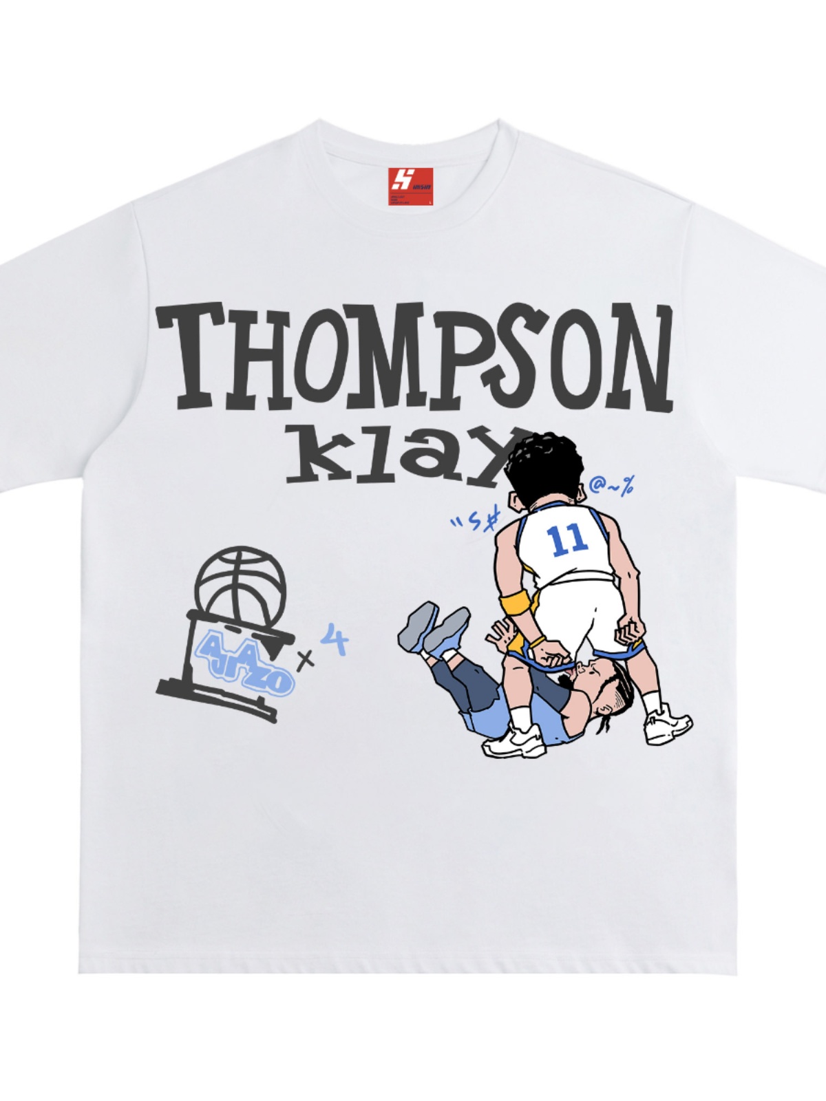 阿叽阿咗汤普森原创喷狄龙纯棉短袖T恤 克莱汤普森遛狗名场面球衣