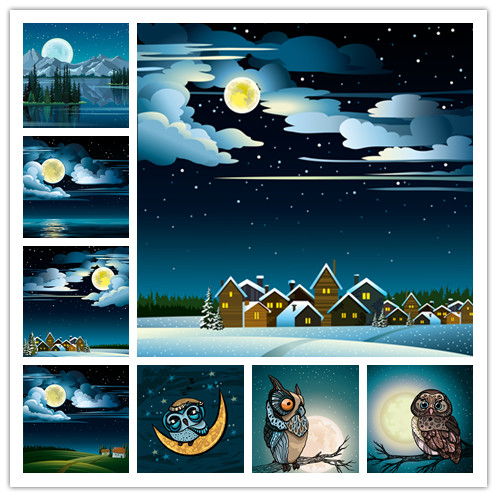 矢量设计素材 夜晚风景月亮房屋草地可爱动物猫头鹰 EPS格式文件