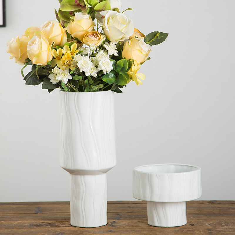 北欧陶瓷高脚花瓶白色书房客厅插花餐桌装饰花器设计师样板房软装
