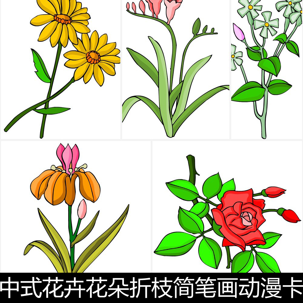 BAU中式花卉花朵折枝简笔画动漫卡通风格彩色图片矢量设计素材