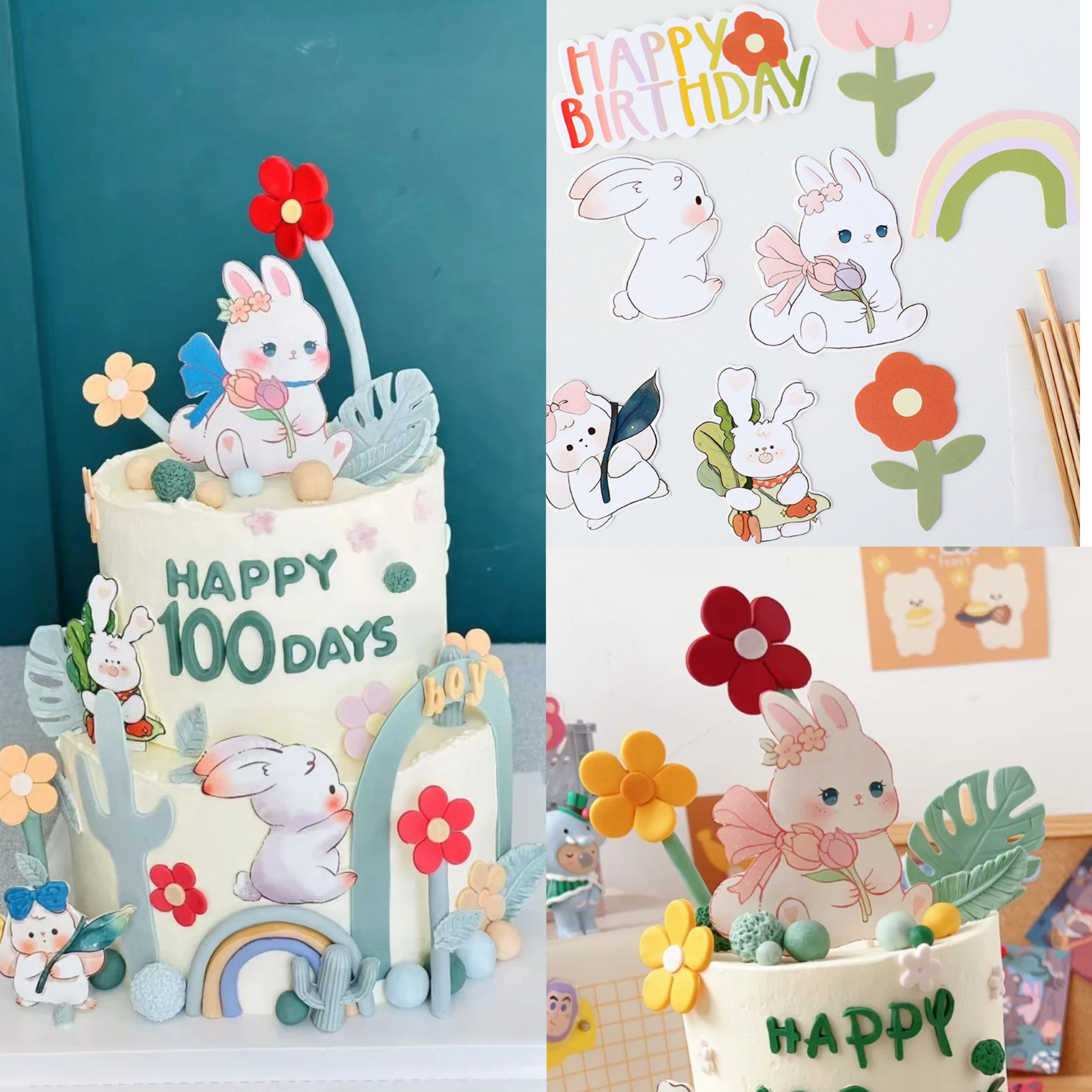 兔宝宝满月周岁百天生日蛋糕装饰品小兔子花朵二次元萌兔可爱插牌