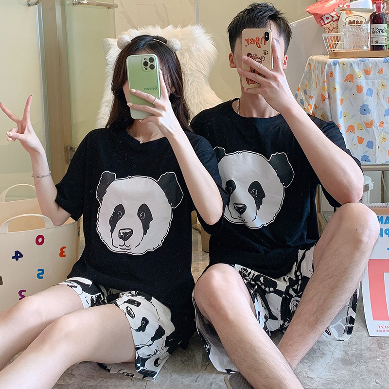 新款夏季情侣纯棉睡衣卡通短袖可爱卡通熊猫薄款家居服套装可外穿