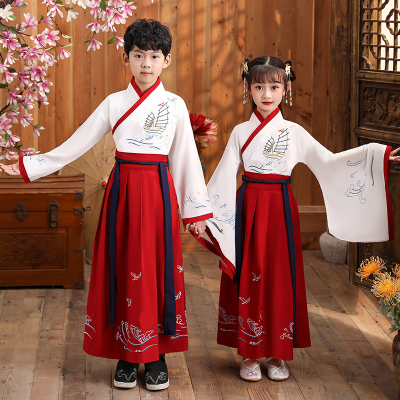 儿童古装汉服国学服女童男童中国风开学礼书童三字经朗诵演出服装