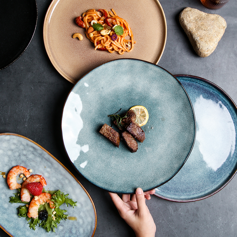 创意窑变釉日式盘子菜盘家用陶瓷个性餐厅好看网红西餐盘牛排平盘