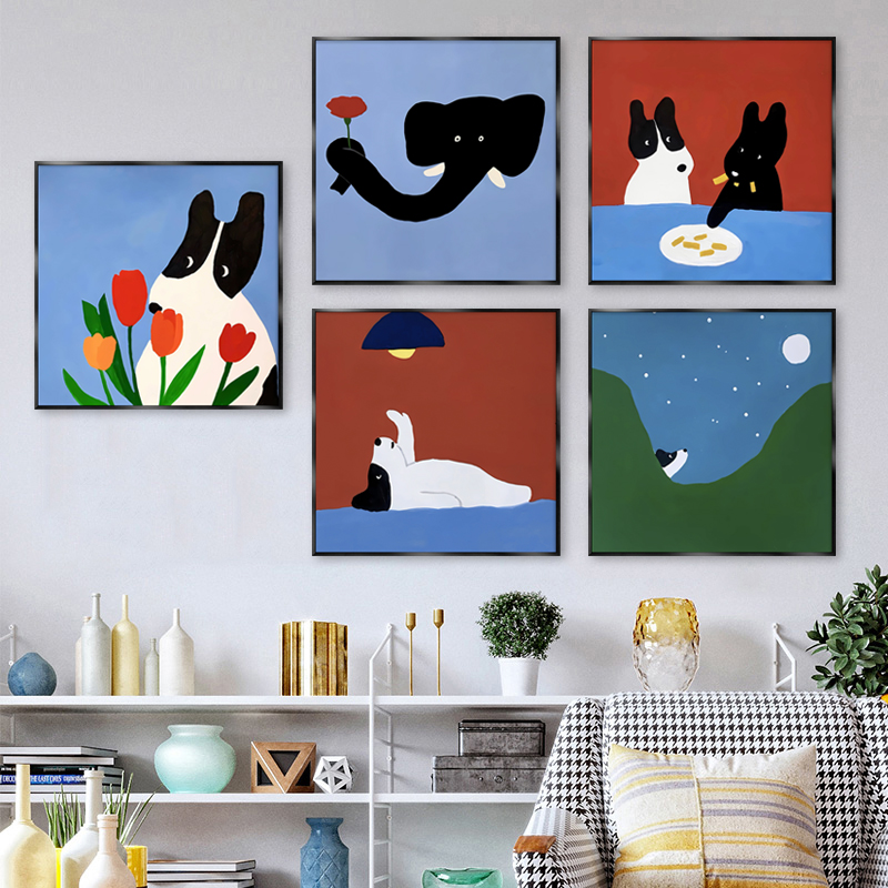 卡通狗狗装饰画一家人幸福物语挂画抽象可爱壁画客厅背景墙画小众