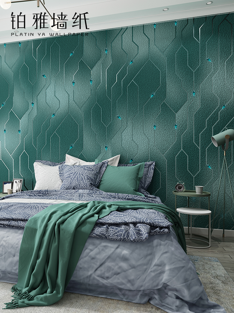 北欧几何图案绿色灰色鹿皮绒墙纸卧室客厅电视背景壁纸镶钻科技感