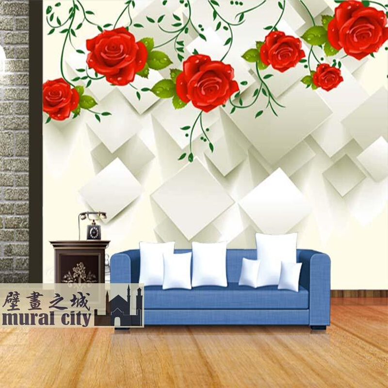 3D立体红色玫瑰花方形线条墙纸壁纸大型壁画居家电视沙发背景墙