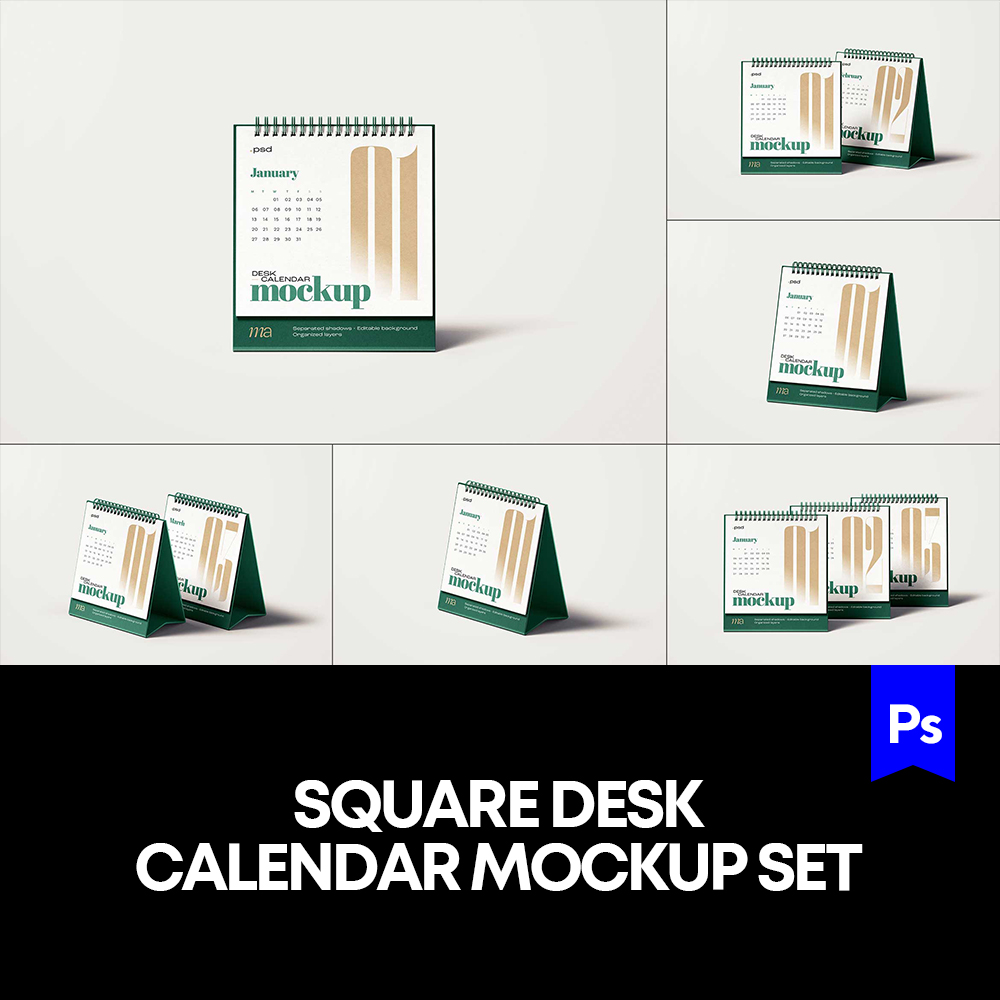 7款方形桌面台历日历月历设计贴图ps样机素材场景展示效果模板