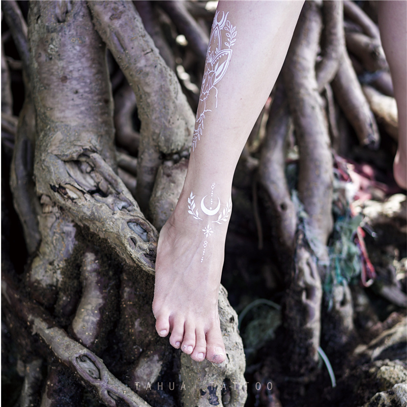 她画白色脚踝纹身贴 ins防水女持久脚裸半永久婚礼小腿图案个性