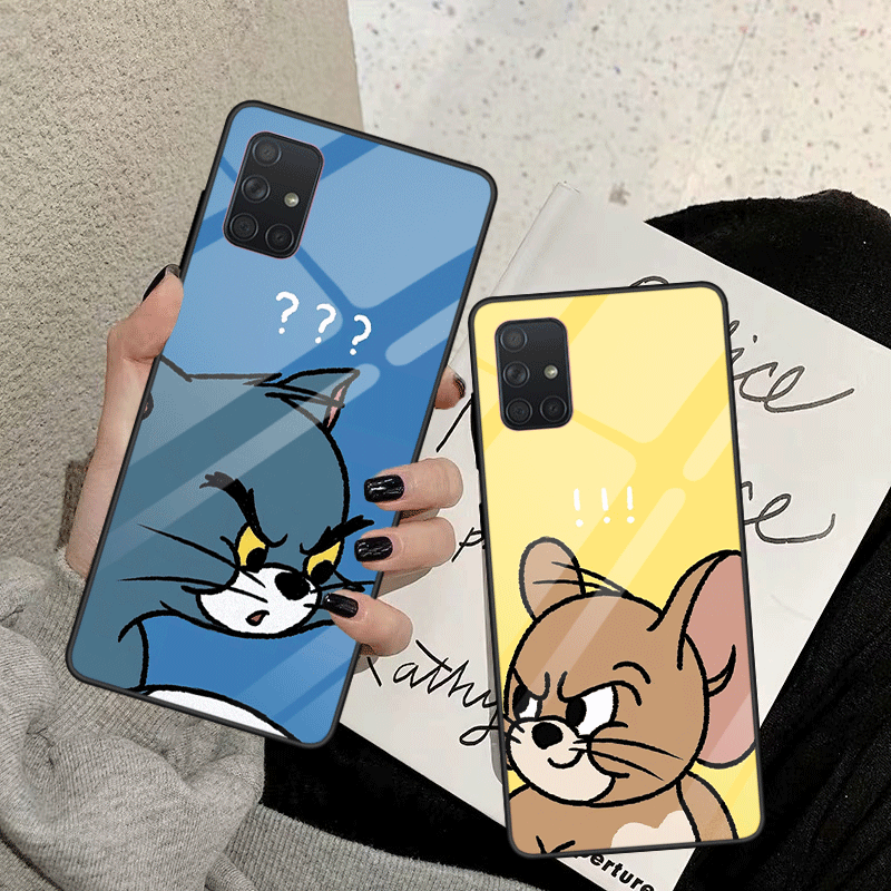 三星Galaxy A71钢化玻璃手机壳A51汤姆猫和杰瑞老鼠定制防摔卡通可爱情侣全包边镜面保护套个性创意潮流