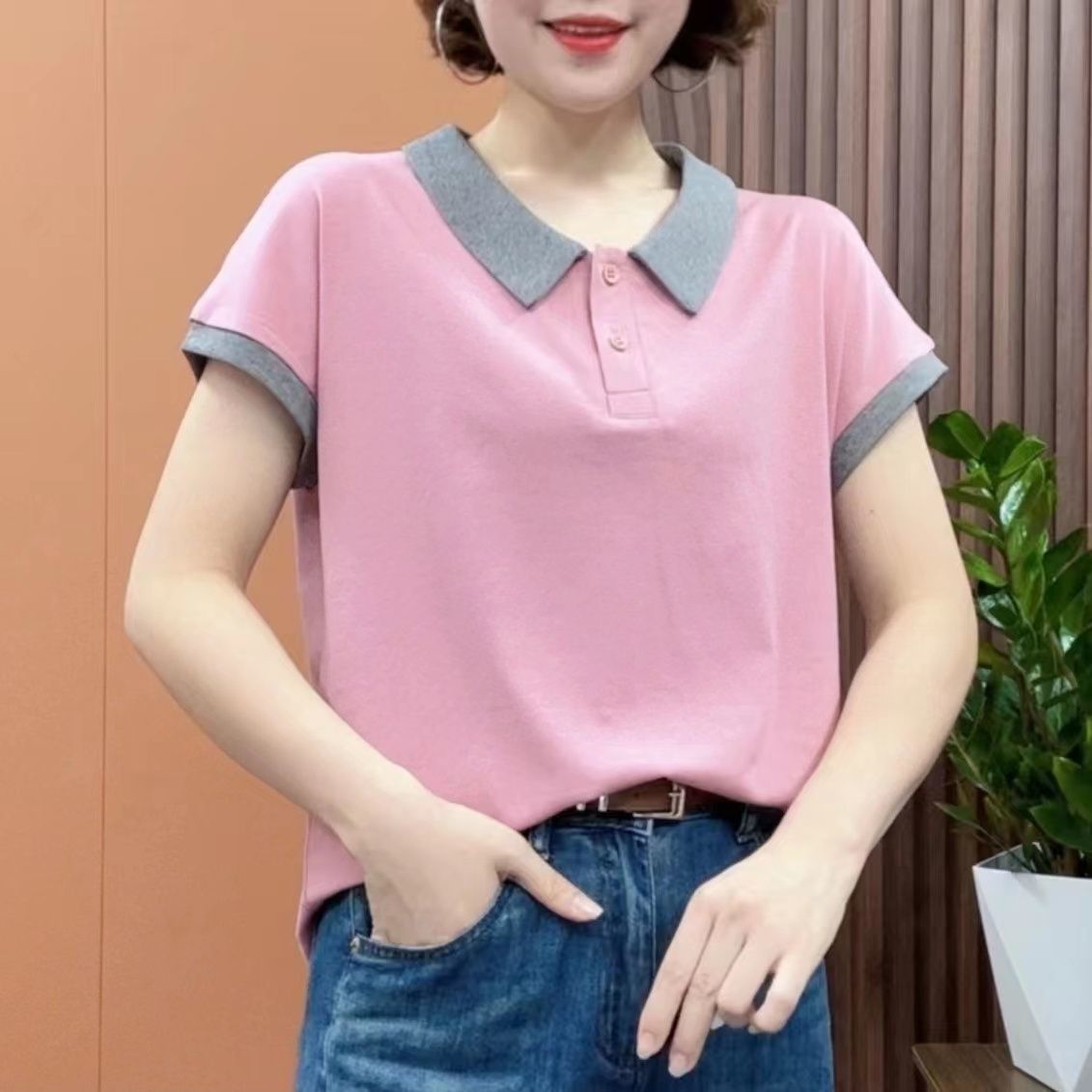 纯棉短袖T恤女2023夏季新款韩版中年妈妈时尚POLO领洋气减龄上衣