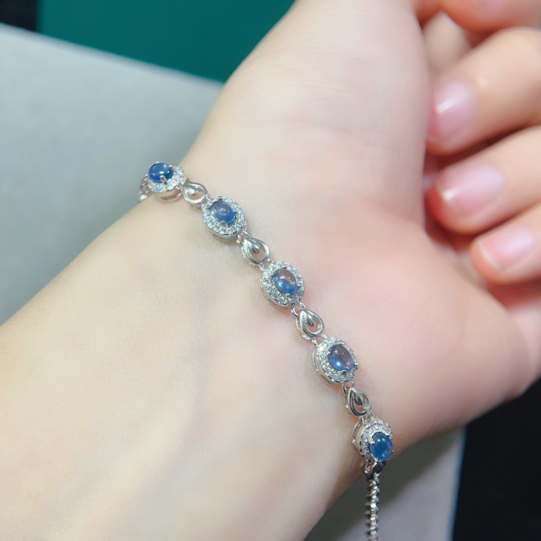 天然斯里兰卡蓝宝石手链 S925银精工镶嵌、主石尺寸3*4mm