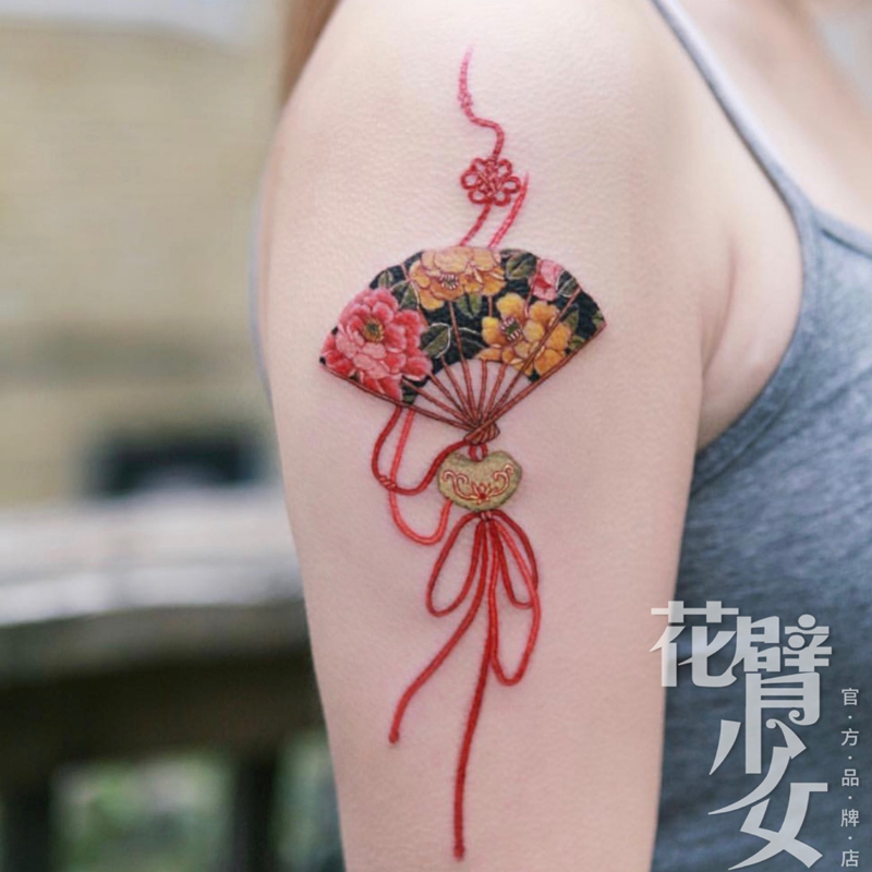 花臂少女TATTOO X75  ins日系浮世绘扇子红绳牡丹花纹身贴一张2个