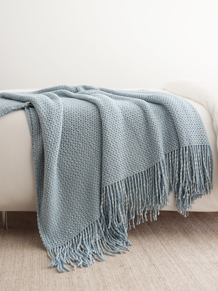北欧风针织毯长款床尾巾沙发装饰毯包邮新款简约风天蓝色秋冬毛毯