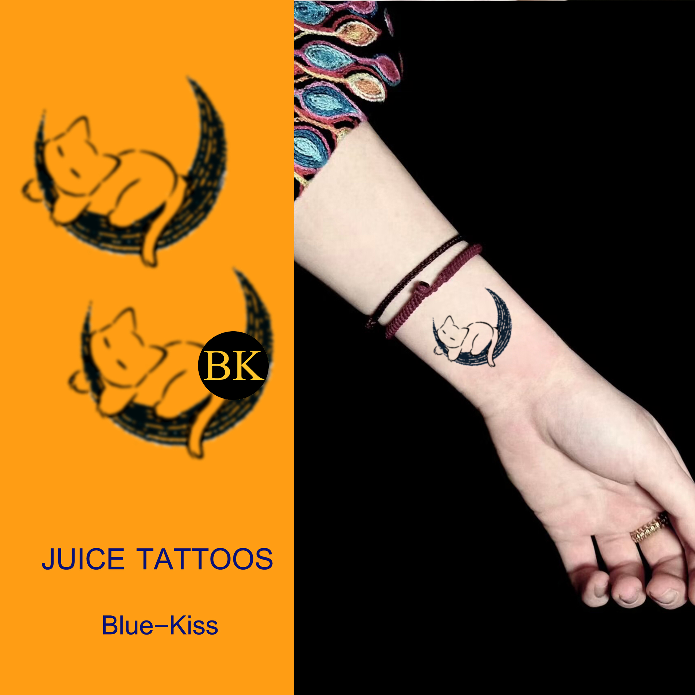 BLUEKISS蓝吻 慵懒的猫咪月亮小清新纹身贴草本手腕小图案防水女