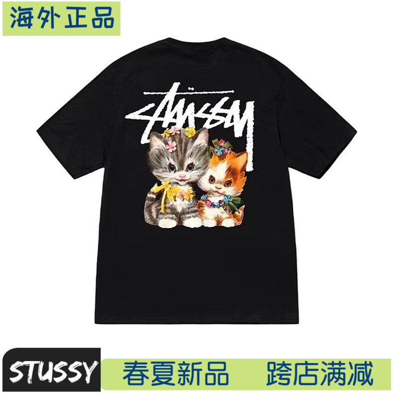 海外正品Stussy斯图西新款猫咪卡通图案印花短袖潮牌男女情侣T恤