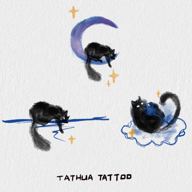 她画捞星星的猫彩色纹身贴防水持久女小贴纸手腕猫咪刺青黑猫图案