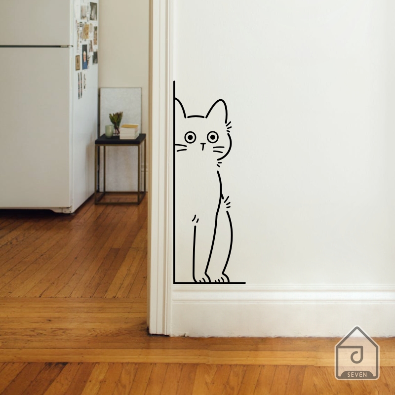 柒页 害羞的小猫咪 可爱图案 墙角柜门装饰宠物店玻璃门墙贴纸