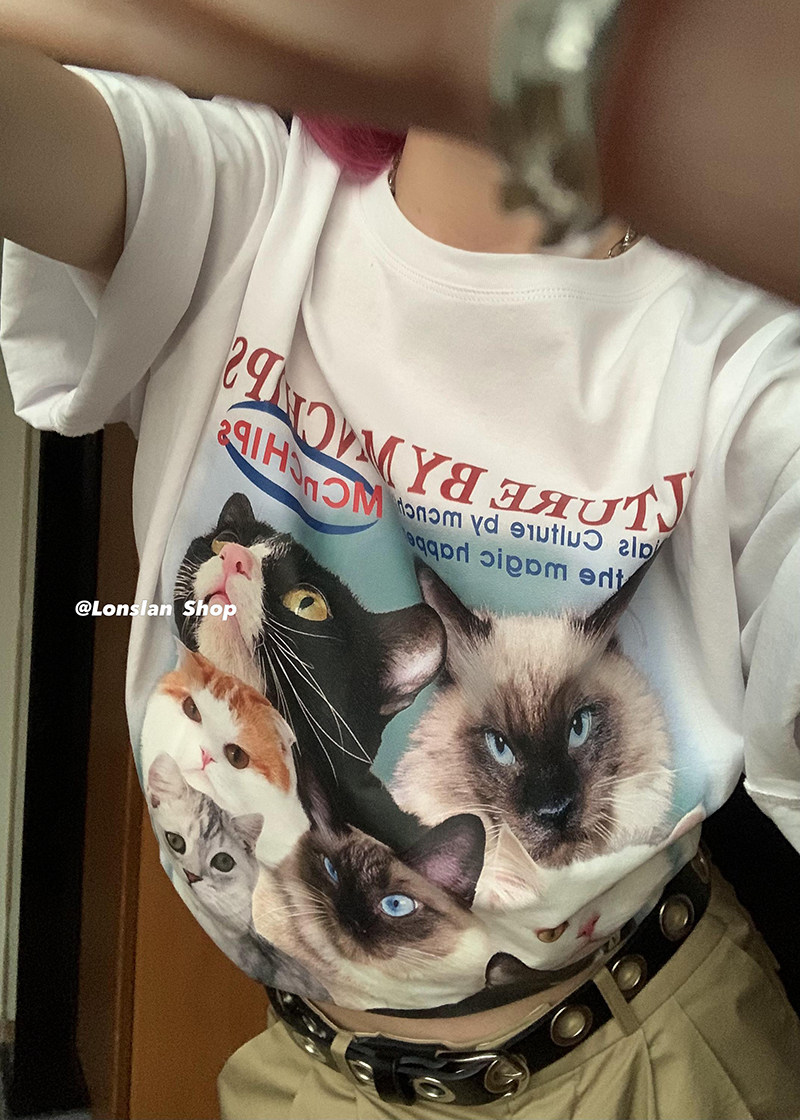 Lonslan Shop 猫咪的团宠夏季简约舒适百搭印花图案猫咪T恤女