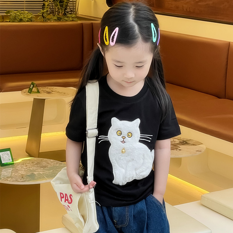儿童短袖T恤女童洋气可爱立体动物图案小猫咪上衣女孩亲子装夏装