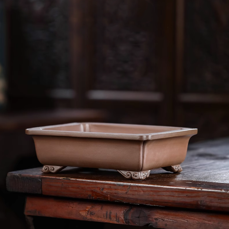 紫砂花盆陶瓷盆景盆桌面盆栽全手工仿古日式长方抽角如意足四方盆