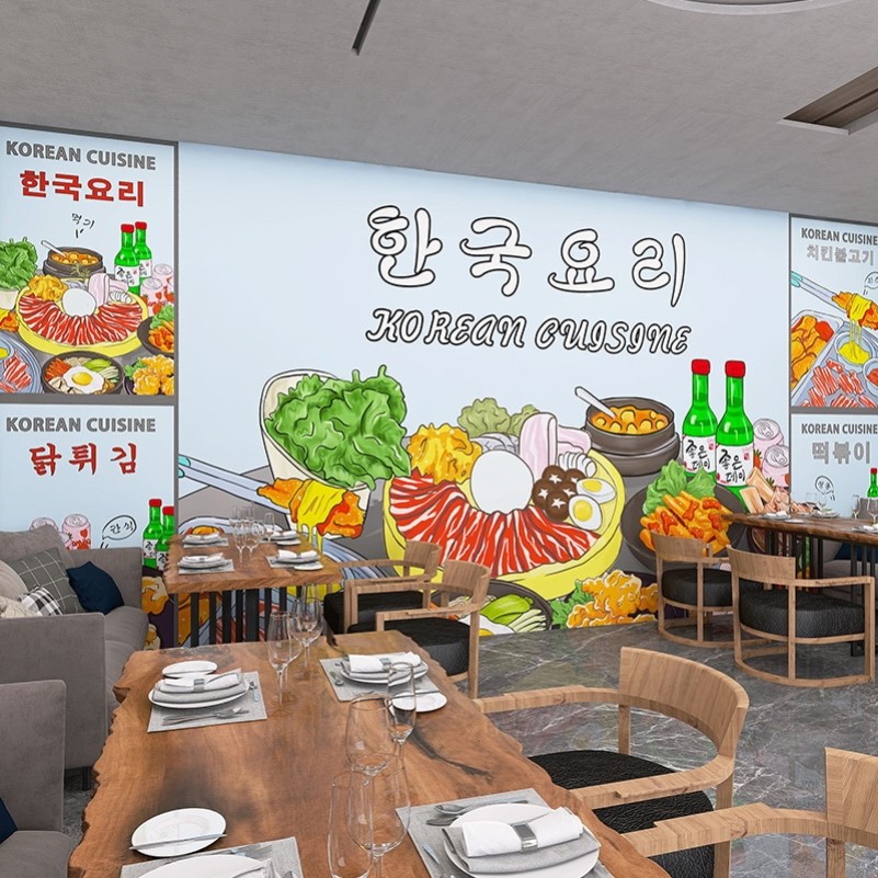 韩式手绘卡通装饰画壁纸韩国餐厅料理啤酒炸鸡烤肉火锅店背景墙纸