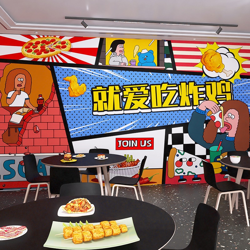 韩国炸鸡店卡通壁纸创意小吃汉堡薯条啤酒年糕韩式料理店背景墙纸
