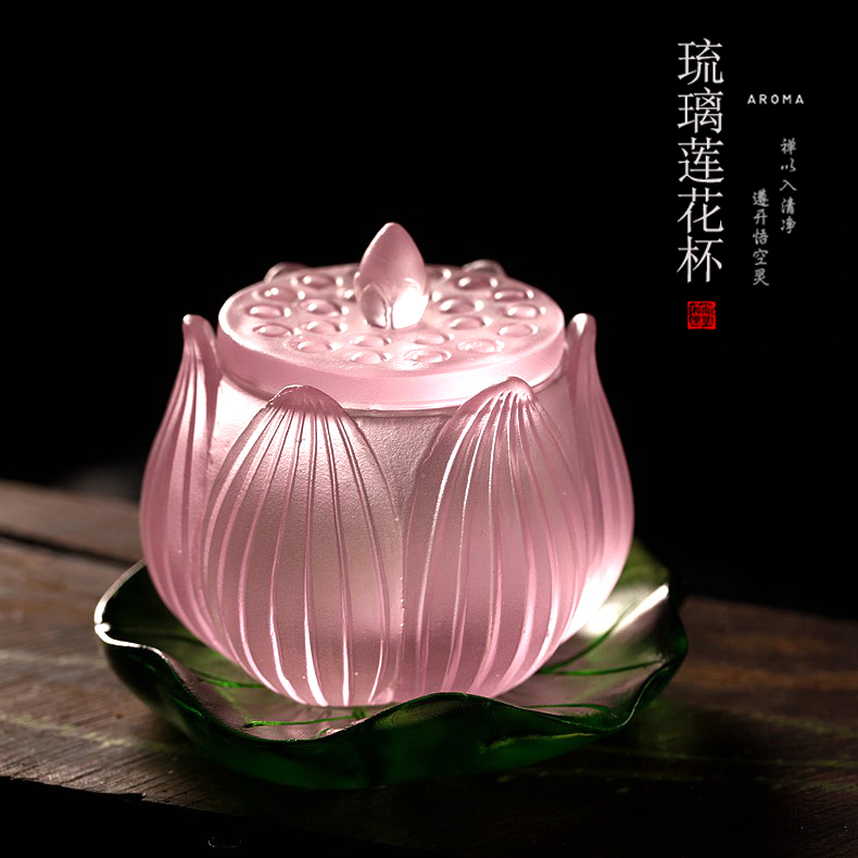 中式家用佛堂圣水杯供佛观音大悲水杯粉色古法琉璃莲花供水杯贡杯