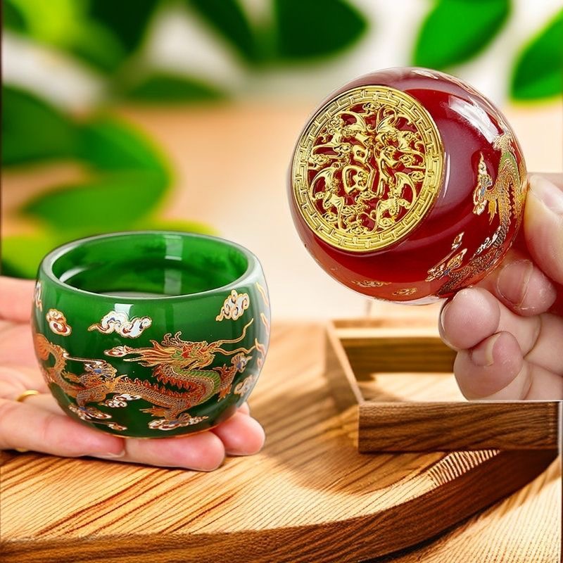 琉璃帝王绿茶杯双龙戏珠茶杯主人杯琉璃茶具玉瓷单杯品茗家用茶盏