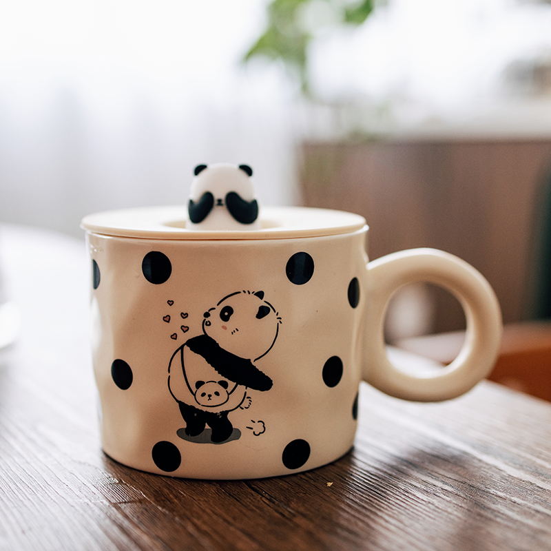 半宅可爱熊猫马克杯学生办公室牛奶卡通早餐儿童带盖情侣陶瓷水杯