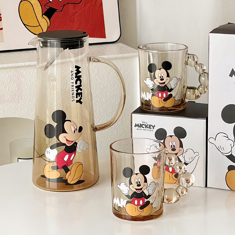 迪士尼米奇杯子套装家用客厅茶杯待客玻璃水杯可爱卡通带把马克杯