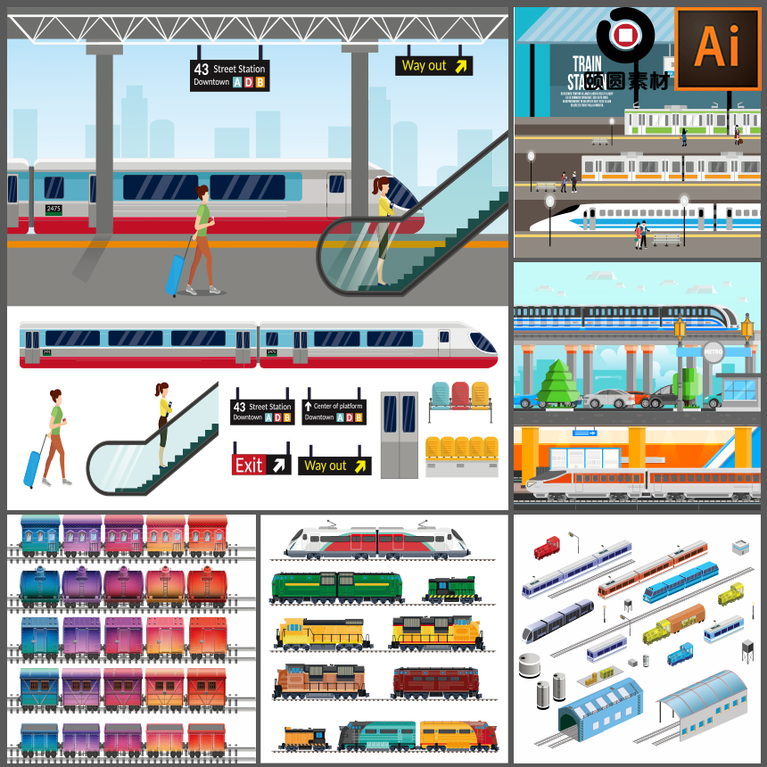 汽车火车高铁客运站进站口铁路轨道卡通人物AI矢量设计素材