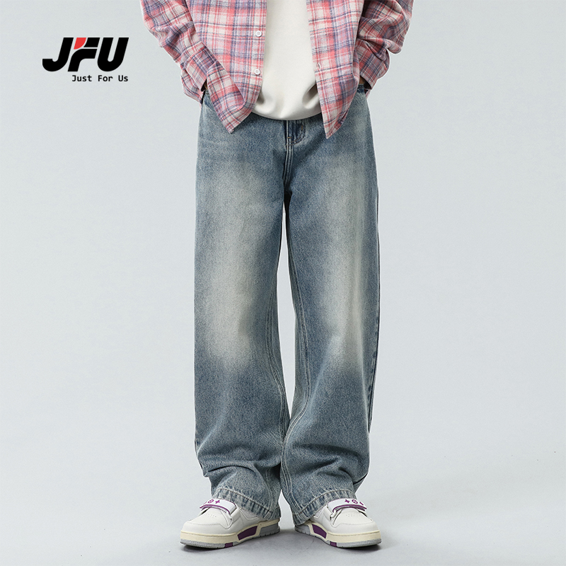 JFU 美式复古高街牛仔裤男生韩版宽松直筒阔腿长裤子男款春夏薄款