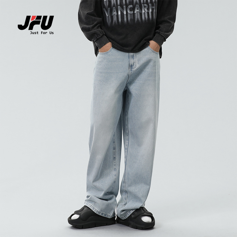 JFU 美式高街阔腿牛仔裤男款春夏薄款宽松直筒长裤子男百搭韩版潮