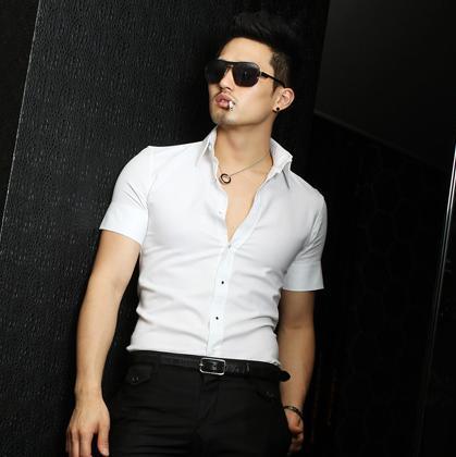 男装衬衣短袖衬衫韩版修身型金属扣正品时尚休闲品牌韩国代购品质