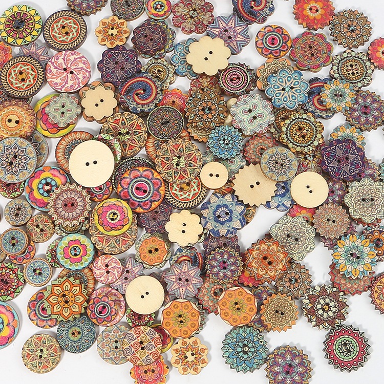 多色木制圆片印花朵经典欧式复古花纹系列纽扣 DIY装饰纽扣