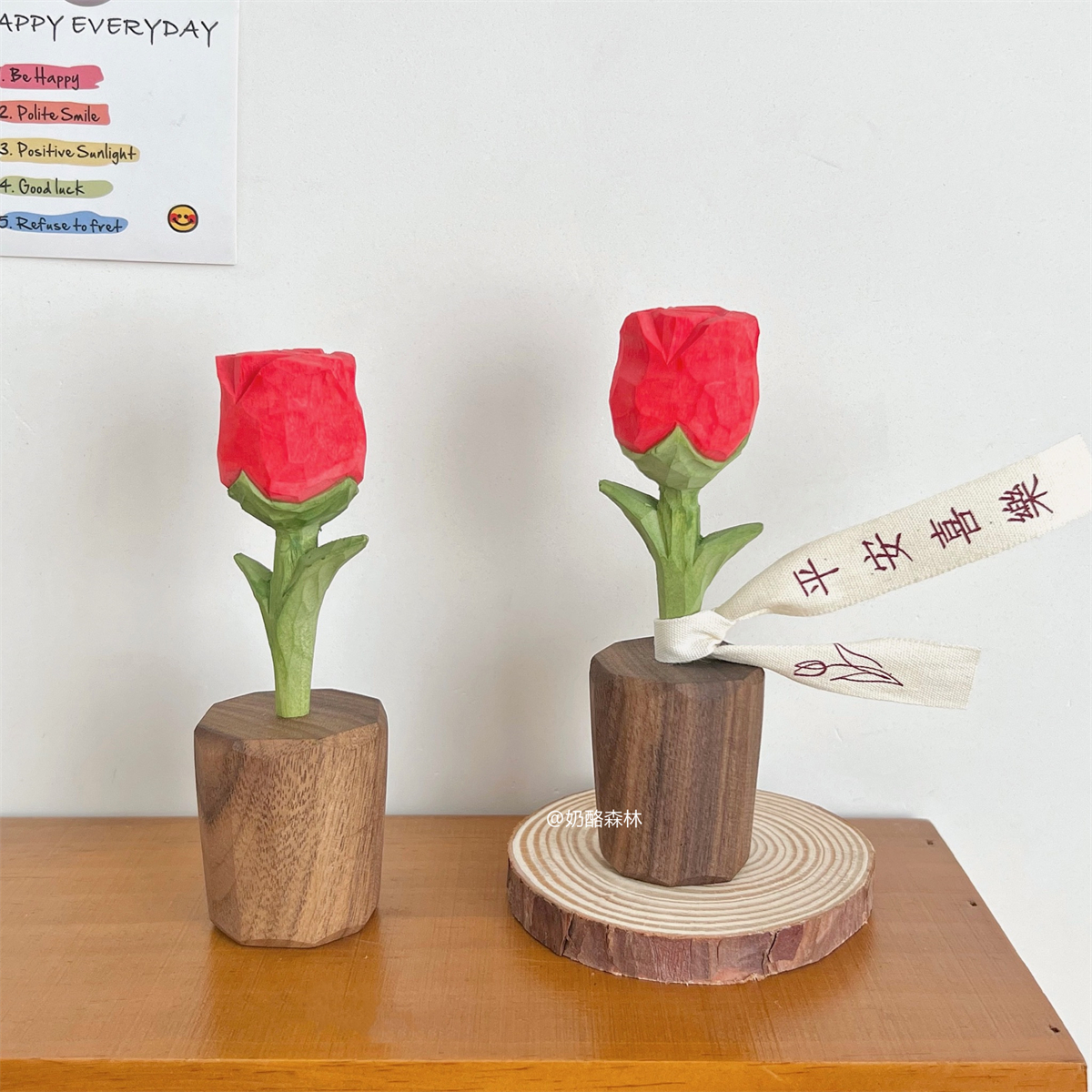 木雕玫瑰花 纯手工治愈系祝福语木质摆件 北欧创意生日情人节礼物