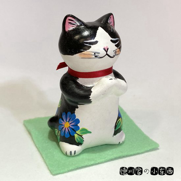 日本代购 匠人手工 祈福小猫咪 黑猫蓝花 可爱 民俗工艺 黏土摆件