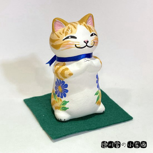 日本代购 匠人手工 祈福小猫咪 黄猫蓝花 可爱 民俗工艺 黏土摆件