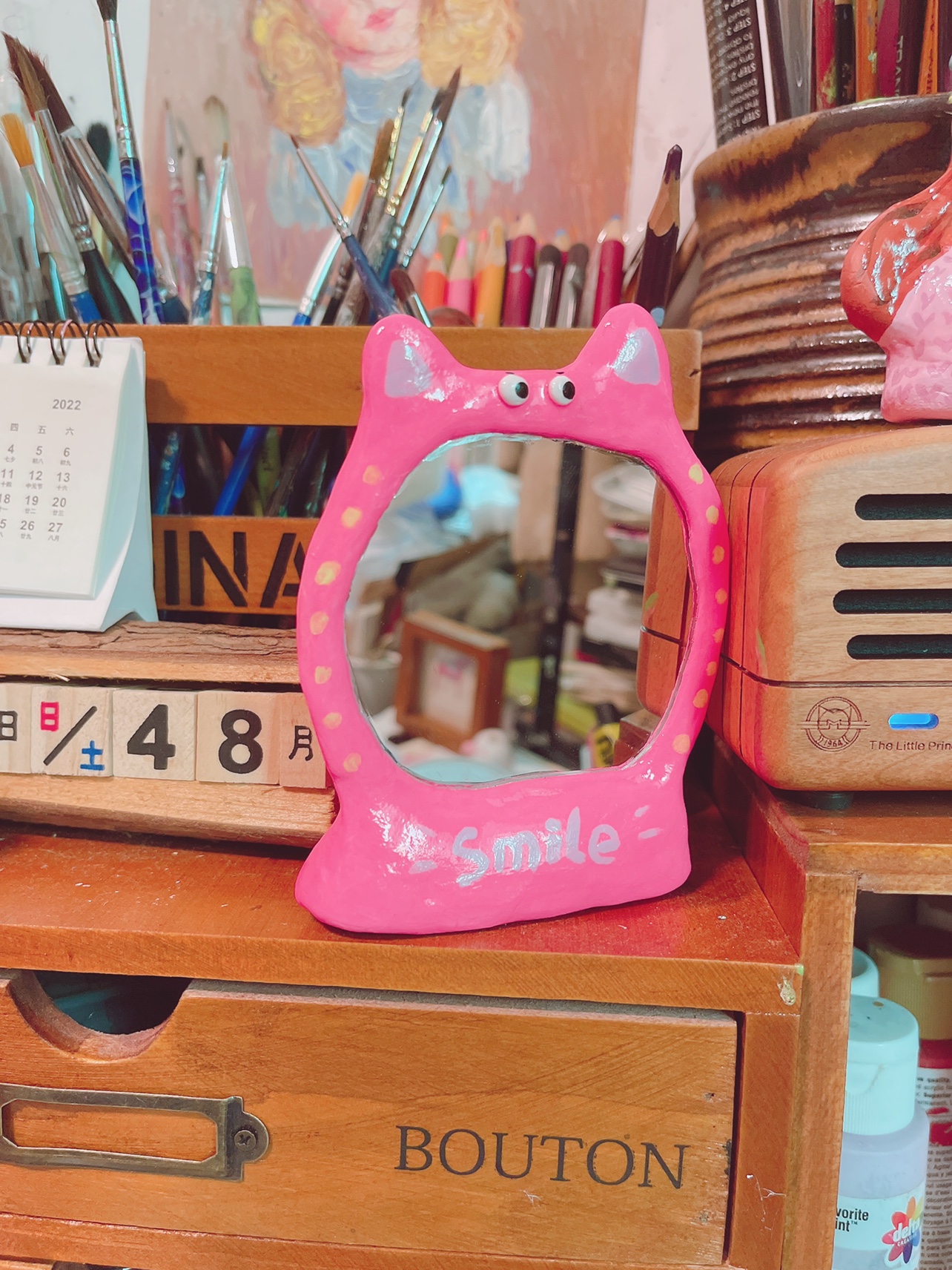 原创粘土化妆镜桌面家用包包可爱粉色小猫镜子