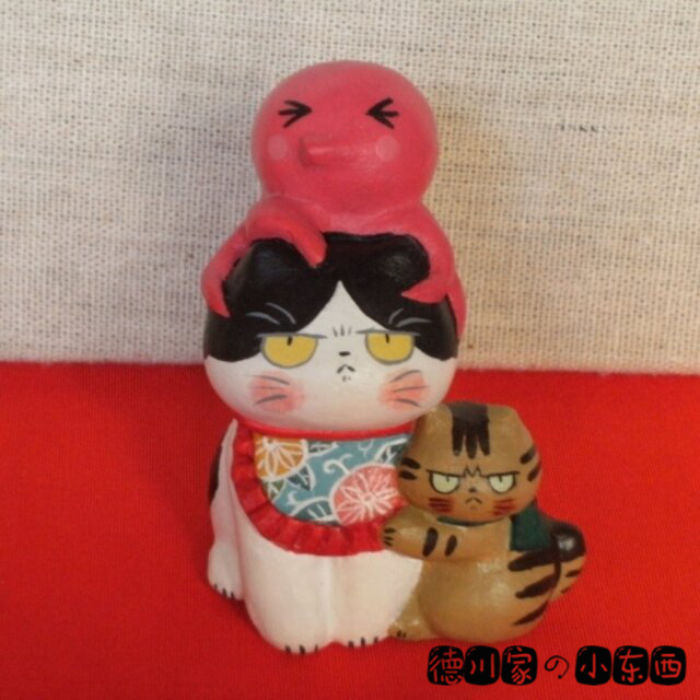 日本代购 匠人手工 苦闷猫咪 章鱼与小猫 可爱 民俗风 黏土 摆件