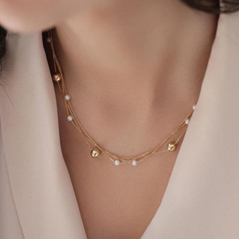 three-layer pearl necklace Golden woman choker项圈颈链锁骨链