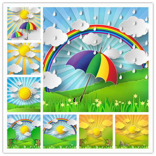 矢量设计素材 可爱纸艺风格太阳阳光雨伞森林彩虹图案 EPS格式
