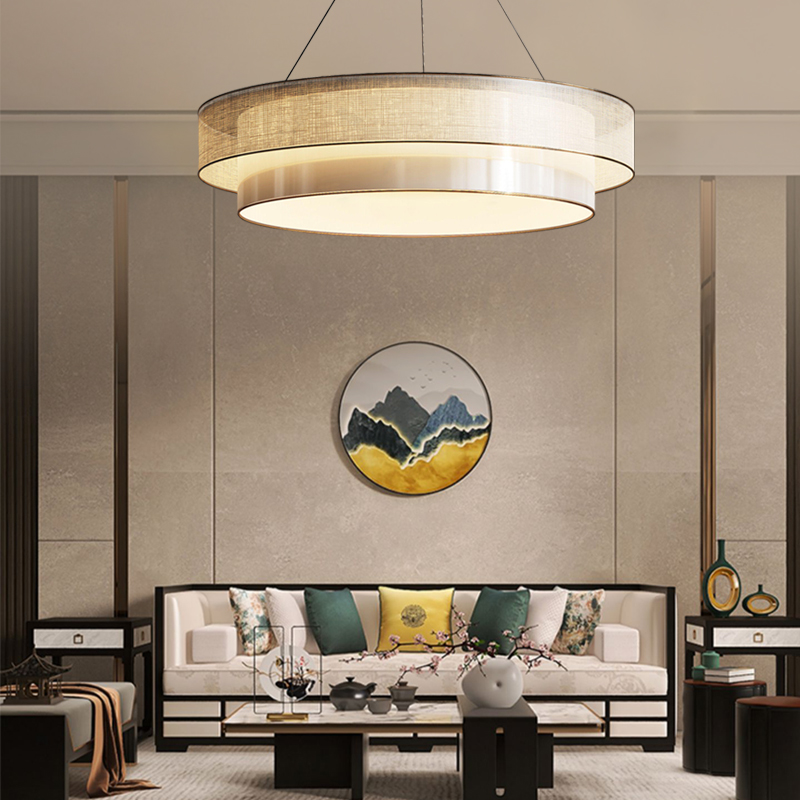新中式圆形吊灯中国风客厅卧室书房餐厅灯禅意茶室工程布艺灯具