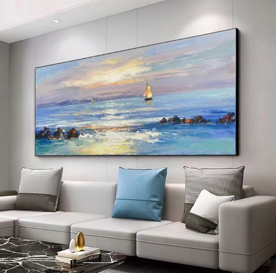 手绘油画现代简约海景帆船客厅沙发背景墙装饰画酒店卧室抽象挂画