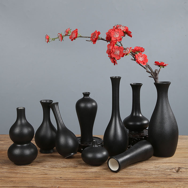 黑色陶瓷花瓶净瓶小花瓶复古摆件器干花粗陶创意客厅水培居家装饰